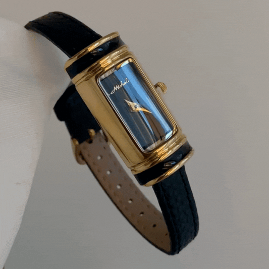 Elegant Refine – Women’s Black Leather Strap Gold Rectangular Case Small Black Dial Quartz Watch
