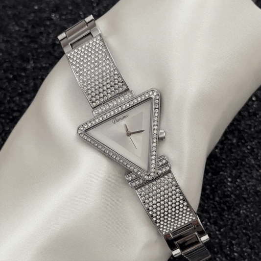 Geometric Glamour: Silver Triangle Dial & Full Diamond Setting Watch