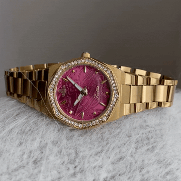 Crimson Octa – Women’s Gold-Tone Octagonal Crystal Bezel Red Dial Quartz Watch