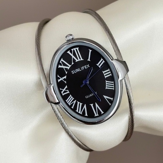 Modern Minimalist Black Oval Dial Watch – Silver Bezel & Silver Alloy Bangle Bracelet