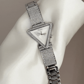 Geometric Glamour: Silver Triangle Dial & Full Diamond Setting Watch