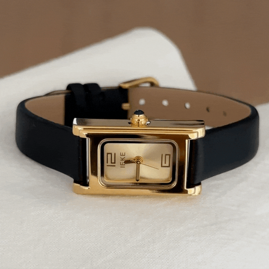 Elegant Square Gold Dial Watch with Black Genuine Leather Strap