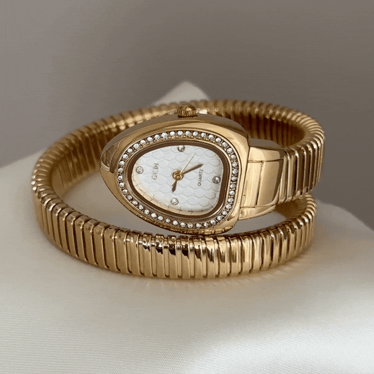 Luxe Mystic: White Serpenti Dial Watch with Gold Diamond Bezel & Loop Bracelet