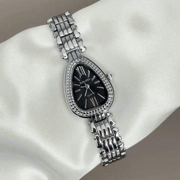 Mystic Edge: Defined by Dark Allure – Noir Serpenti Dial & Silver Steel Bracelet