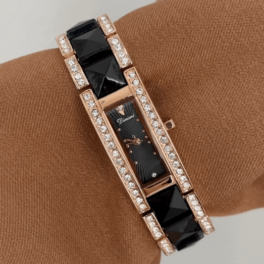 Luxury Black Rectangular Diamond Watch - Gold Bezel & Ceramic Alloy Bracelet