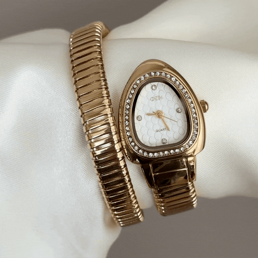 Luxe Mystic: White Serpenti Dial Watch with Gold Diamond Bezel & Loop Bracelet