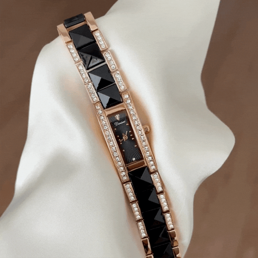 Luxury Black Rectangular Diamond Watch - Gold Bezel & Ceramic Alloy Bracelet