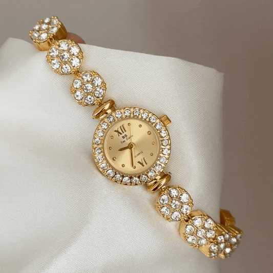 Modern Opulence: Gold Dial Watch with Full Diamond Setting