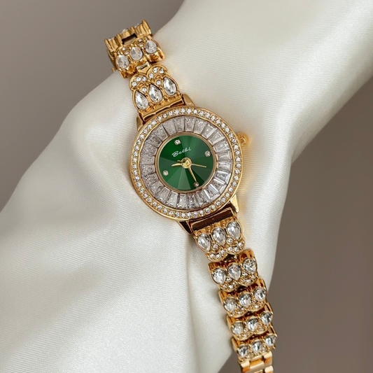 Opulent Allure: Green Dial Watch with Gold Diamond Bezel & Diamond-Set Bracelet
