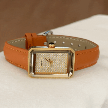 Elegant Square Watch with Gold Crystal Dial & Orange Leather Strap