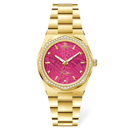 Crimson Octa – Women’s Gold-Tone Octagonal Crystal Bezel Red Dial Quartz Watch