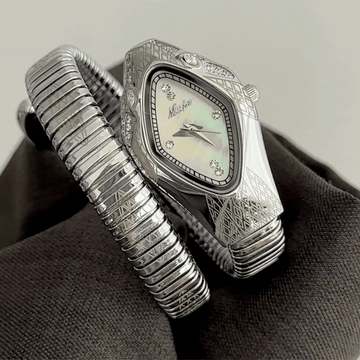 Colorful Modern: Prismatic Serpenti Mother of Pearl Dial Watch with Silver Loop Stainless Steel Bracelet