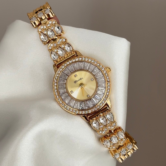 Diamond Bezel Two-Tone Watch, Gold Round Dial with Full Diamond Accents