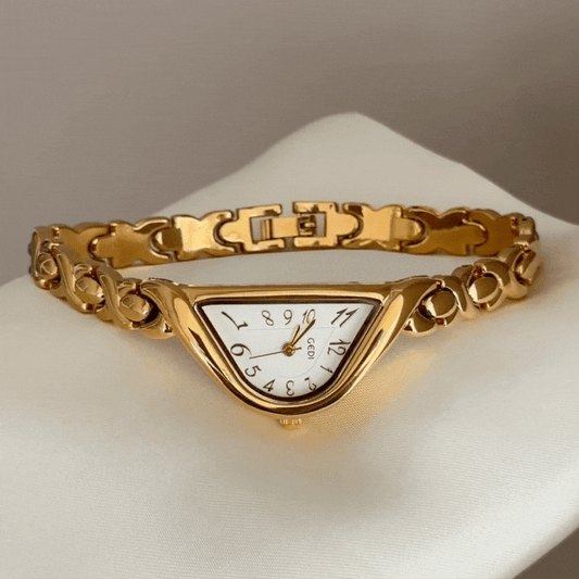 Curved Elegance: White Half-Round Dial & Gold-Tone Bracelet Watch