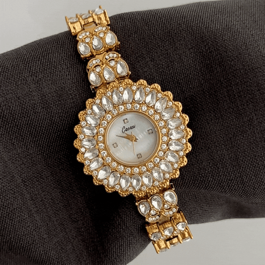 Floral Opulence: White Round Dial with Floral Diamond Bezel & Diamond-Studded Bracelet