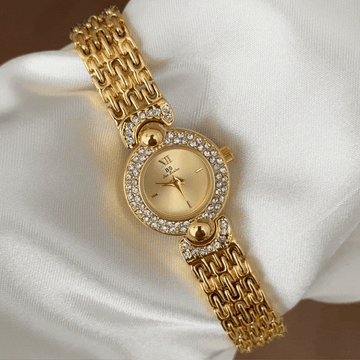Urban Luxury Gold Round Dial Diamond Bezel Alloy Bracelet Quartz Watch