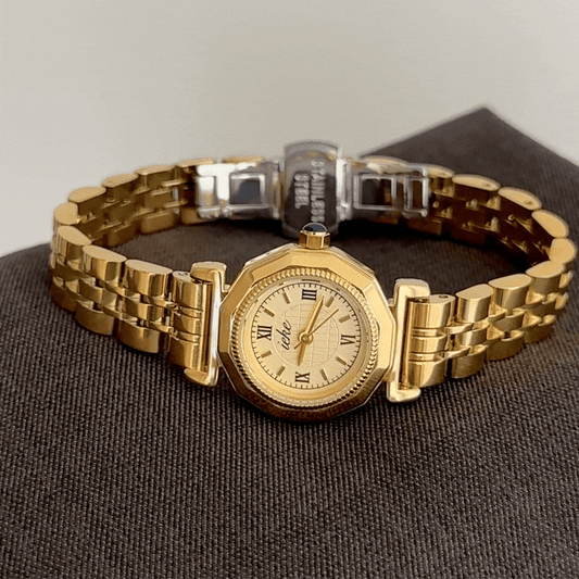 Modern Geometric: Gold Round Dial, Geometric Bezel & Gold Bracelet Watch