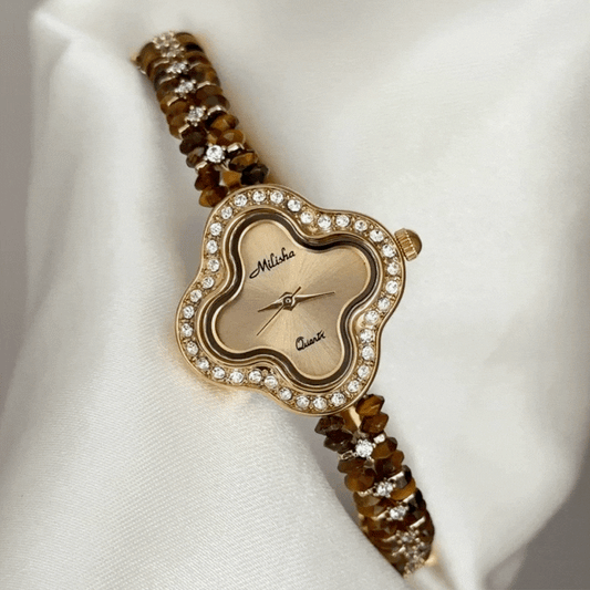 Opulent Gold Clover Dial Watch – Gold Diamond Bezel & Brown Diamond-Inlaid Strap Quartz