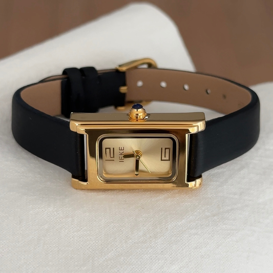 Elegant Square Gold Dial Watch with Black Genuine Leather Strap