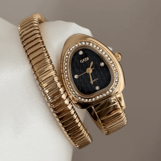 Dark Mystic: Black Serpenti Dial Watch with Gold Diamond Bezel & Loop Bracelet