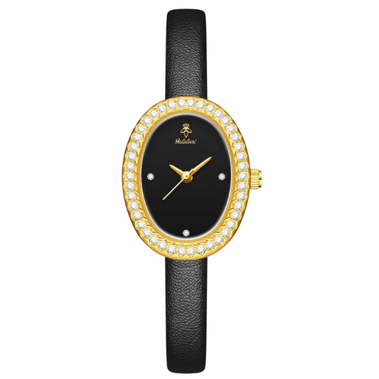 Sophisticated Black Oval Dial Watch – Gold Diamond Bezel & Black Leather Strap Quartz