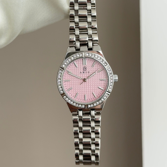 Delicate Elegance: Iridescent Pink Dial & Silver Diamond Bezel Watch