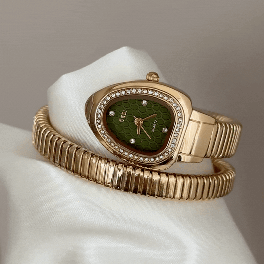 Wild Luxury Mystic: Green Serpenti Dial Watch with Gold Diamond Bezel & Loop Bracelet