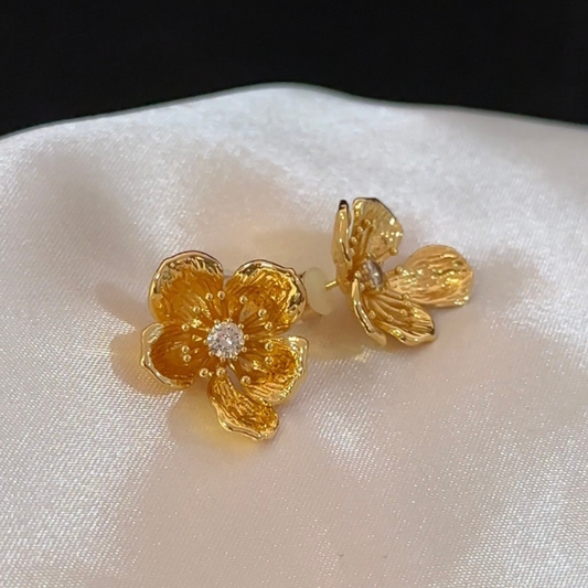 Elegant French Vintage Earrings - 3D Floral Teardrop Design with Gold Plating