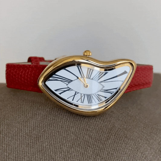 Red Genuine Leather Strap Gold Case Quartz Watch with Unique White Dial for Women