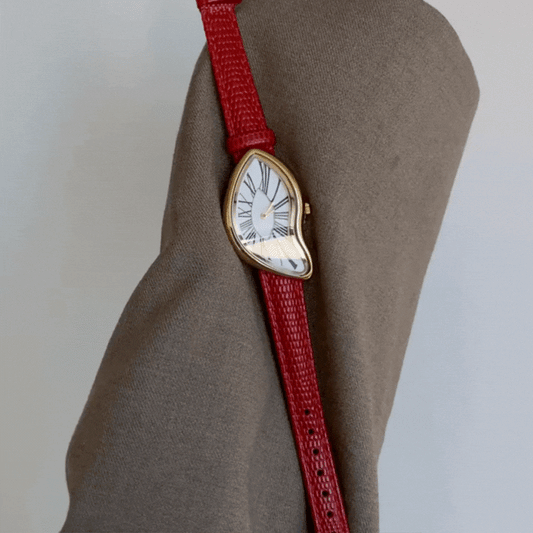 Red Genuine Leather Strap Gold Case Quartz Watch with Unique White Dial for Women