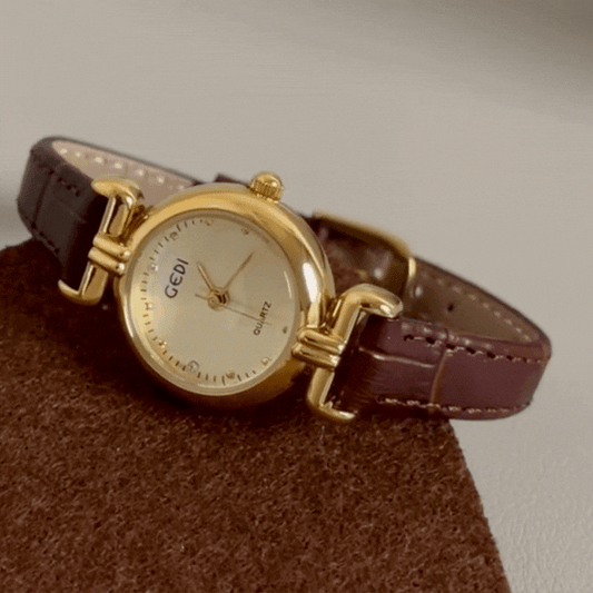 French Vintage Brown Bamboo-Style Strap Women’s Quartz Watch with Gold Small Round Dial – Genuine Leather