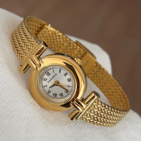 Elegant Round White Dial Gold-Tone Watch with Wheat Mesh Strap | Quartz