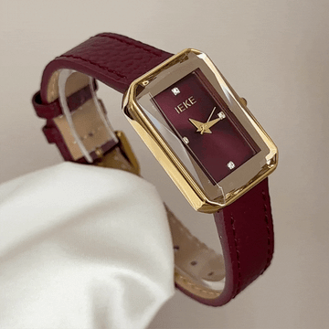 Feminine Boldness: Scarlet Red Rectangular Dial Watch with Gold Bezel & Genuine Leather Strap