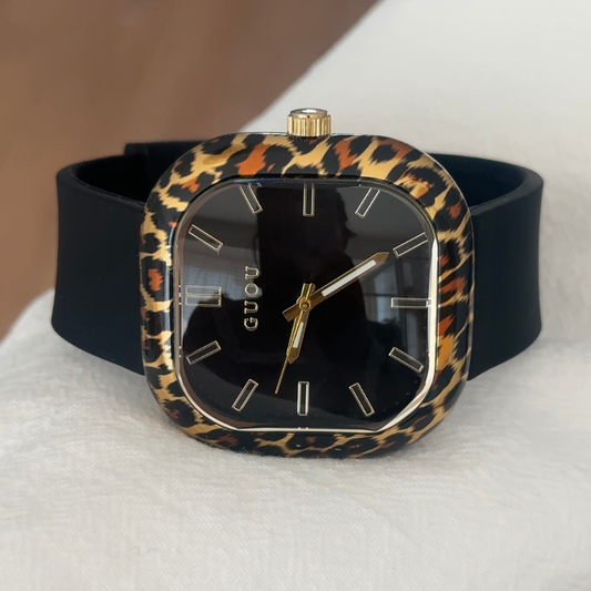 Classic Square Black Dial Watch accented with a Leopard Bezel and Quartz Movement