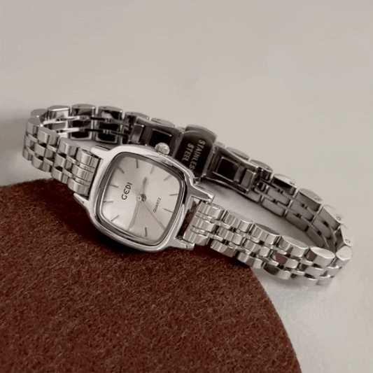 Cadena de acero de plata cuadrado Dial blanco Damas Reloj de cuarzo