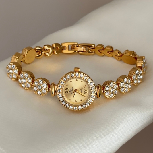Modern Opulence: Gold Dial Watch with Full Diamond Setting