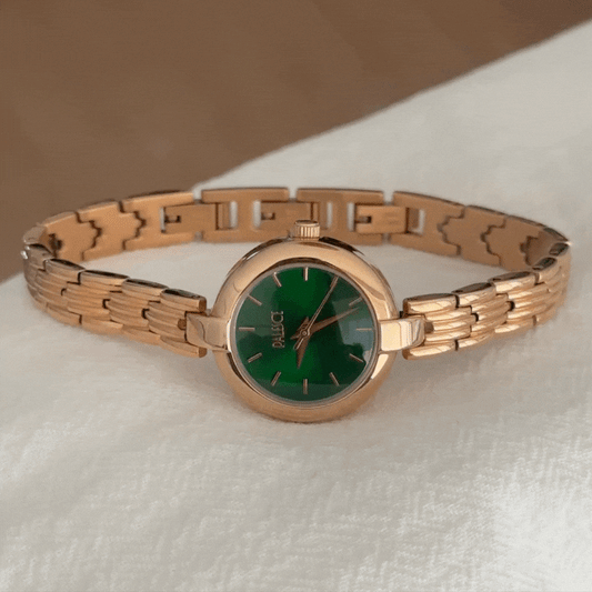 Elegant Round Green Dial Watch with Gold Case & Alloy Strap | Quartz Movement