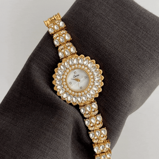 Floral Opulence: White Round Dial with Floral Diamond Bezel & Diamond-Studded Bracelet