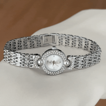 Sleek Silver Round Diamond-Accented Watch with Alloy Bracelet - Quartz Movement