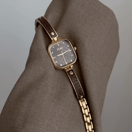 Women’s Brown Leather Bracelet-Style Watch with Gold Square Case and Patterned Brown Dial