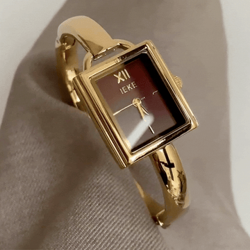 French Gold Bangle Quartz Watch with Rectangular Case and Red Dial for Women