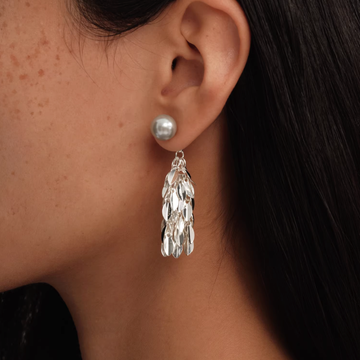 Statement Grey Pearl Silver Leaf Tassel Earrings