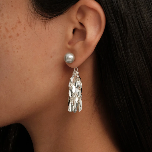 Modern Grey Pearl Leaf Dangle Earrings