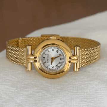 Elegant Round White Dial Gold-Tone Watch with Wheat Mesh Strap | Quartz