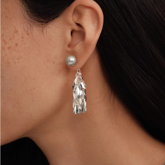 Statement Grey Pearl Silver Leaf Tassel Earrings