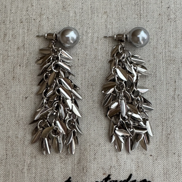 Modern Grey Pearl Leaf Dangle Earrings