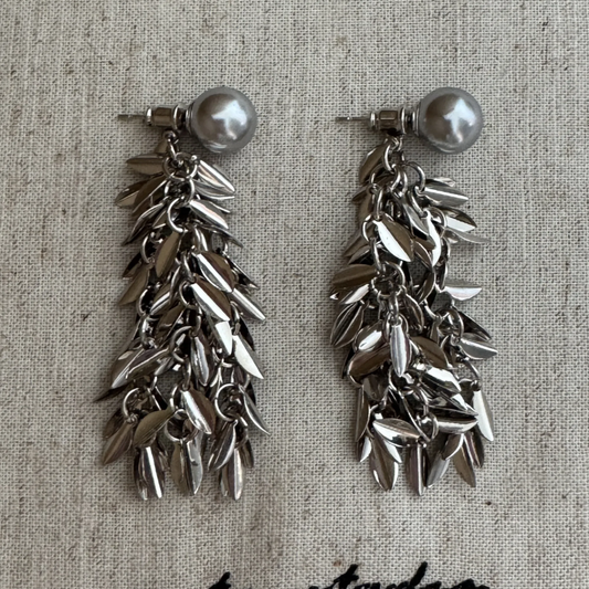 Modern Grey Pearl Leaf Dangle Earrings