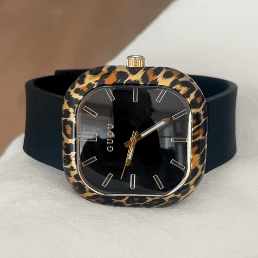 Classic Square Black Dial Watch accented with a Leopard Bezel and Quartz Movement