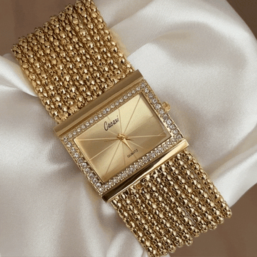 Elegant Square Gold Dial Watch with Diamond-Accented Bezel & Gold-Tone Alloy Bracelet