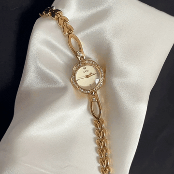 Romantic Elegance Gold Floral Dial Diamond Bezel Alloy Quartz Watch